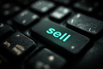 close-up of a glowing 'sell' key on keyboard