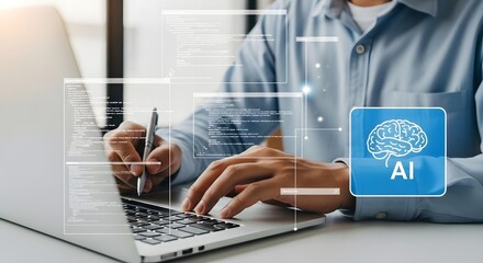 artificial intelligence ai development coding on laptop computer programming and technology concept