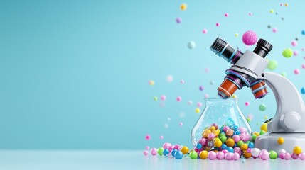 A vibrant illustration showcases a stylized microscope examining colorful gumballs in a glass jar against a soft blue background a realistic high-quality photo perfect for science
