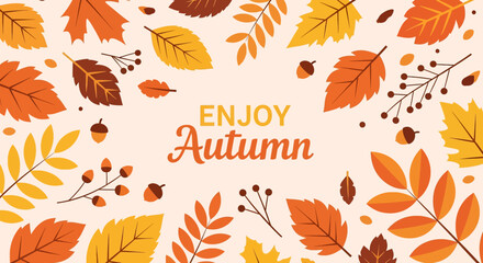 Flat illustration of an inviting autumn background with colorful leaves, berries, and acorns framing the text 