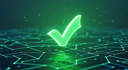 Glowing green check mark on a futuristic circuit board, symbolizing approval, success, and verification