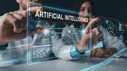 A team of developers interacting with a holographic interface for artificial intelligence, a concept representing innovation in machine learning, big data, and future technology