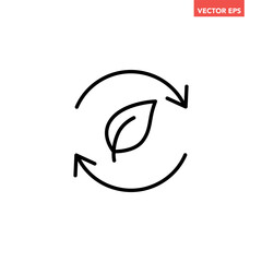 Black single organic recycle line icon. Simple round leaf ecology circle flat design vector pictogram, infographic interface elements for app logo web button ui ux isolated on white background