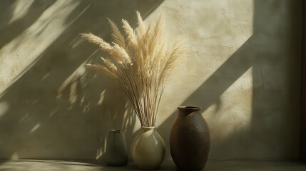 Wall Mural - elegant vases with pampas grass in minimalist interior setting