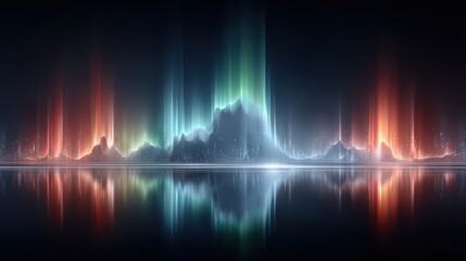 Wall Mural - visual data story concept, vibrant abstract digital landscape with colorful peaks reflected in a dar