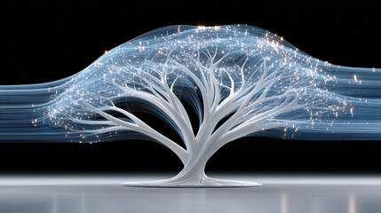 Wall Mural - visual data story concept, a stylized tree design with flowing lines and a dark background, symboliz