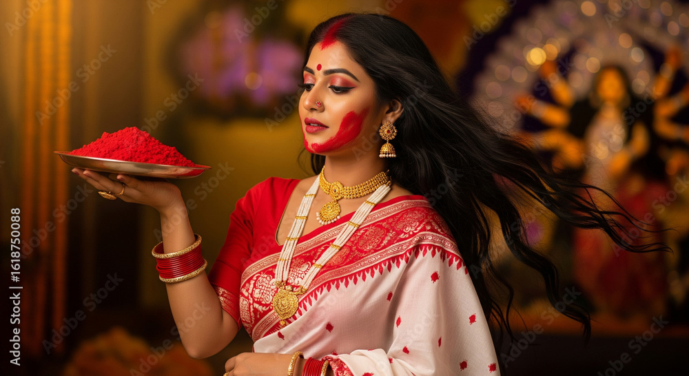 A woman wearing a traditional red and white saree in durga puja pandal ...