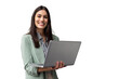 © PeopleVideos - Professional businesswoman smiling, gripping laptop during office work, transparent backdrop enabling seamless digital design integration