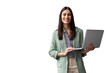 © PeopleVideos - Studio shot featuring a young businesswoman smiling while holding a laptop, set against a transparent background, exuding confidence and professionalism