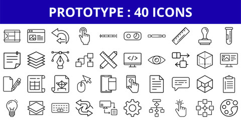 Set of 40 prototype icons in minimalistic line style  