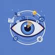 © abanoub raft - Vector illustration of central eye surrounded by icons of knowledge, innovation, and insight on blue background