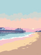 © Sabry - Bournemouth – Victorian Pier and beach huts at sunrise in pastel blue, sand beige, hut peach, and dawn lavender