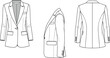 © Siam Creatives - Blazer cad sketch, front view, side view, back view, fashion vector illustration, technical garment drawing, flat design, tailored silhouette