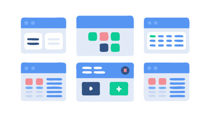 Collection of various user interface windows isolated on white background, showcasing different layouts, elements, and functionalities for web design and application development in a flat style