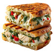 © Shahida - A close up of a stacked panini sandwich with chicken spinach and cheese isolated on transparent background