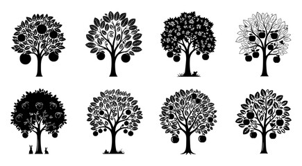 Set of distinct fruit bearing trees rendered in a detailed black silhouette style against a clean white background