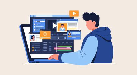 Man editing video on laptop with multiple windows and timeline interface