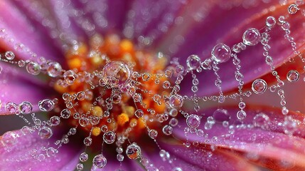Dewdrops on a flower, intricate spiderweb