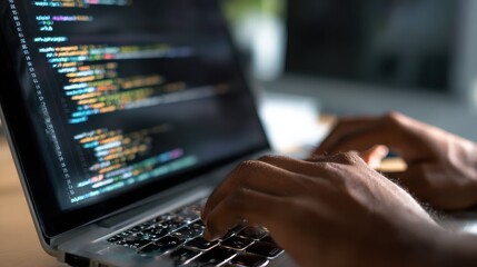 Over shoulder closeup view man IT coder programmer software engineer use laptop computer typing code develop program programming java language application on screen web system app development concept