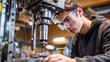 © Johannes - A side view of a serious student wearing safety glasses while using the drill machine in a vocational school, no logos, no brands