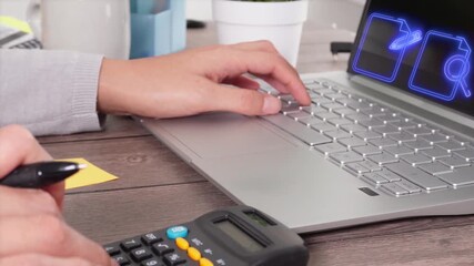 Woman working on computer, document icons of searching and editing document