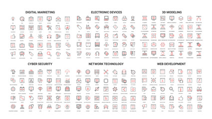 Comprehensive set of modern line icons covering digital marketing, electronic devices, 3D modeling, cyber security, network technology, and web development isolated vector illustration