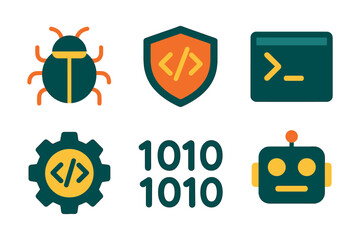 Tech icons: bug, code, gear, binary, robot in flat design