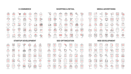 Comprehensive set of modern line icons for e-commerce, shopping, advertising, startup, SEO, and web development perfect for digital projects and presentations isolated vector illustration