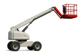 Cherry picker extending its articulated arm with basket on transparent background