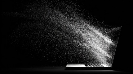Wall Mural - laptop with multipe particles flow coming out from the glowing white screen on a black background, d