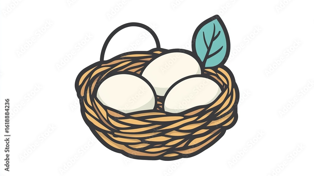 A single vector icon of a bird nest with eggs, bold black outline, flat ...