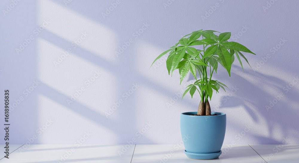 Photo Stock Money Tree in Blue Pot on White Floor Against Lavender Wall ...