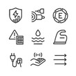 © Sanych - Safety Efficiency Icons. Outline icon set of safety and efficiency features: overload protection icon, noise reduction muffler,