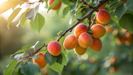 Ripe apricots hanging from a sunlit tree branch in a garden