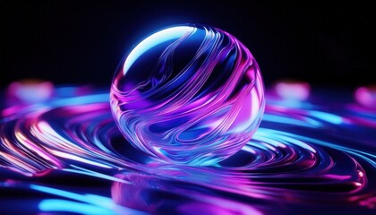 Wall Mural - futuristic glass sphere with neon swirl reflections floating on glowing liquid surface for tech or d
