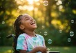 © sujon1638 - Joyful young girl in wheelchair laughing amidst floating bubbles in golden hour sunlight outdoors