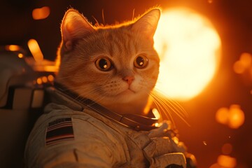 Wall Mural - A cat in a spacesuit and helmet stands on Mars, set against a backdrop of sunlight, embodying a humorous and imaginative feline astronaut concept, along with a beloved pet idea