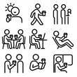 © Svitlana - Coffee Moments Icons. Solid, filled icon set of coffee to-go cup moments: morning coffee, walking with cup, waiting in line,