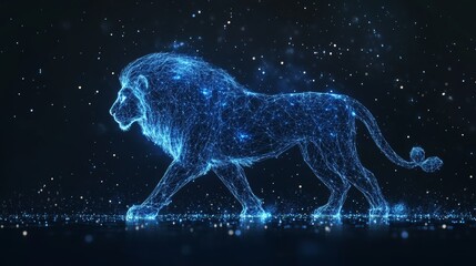Wall Mural - a majestic lion rendered digitally in glowing blue lines is prominently displayed against a dark bac