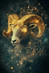 Wall Mural - the head of the aries zodiac sign, which is golden in color, is set against a backdrop of stars