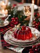 © Evgenia - Retro dessert scene featuring vibrant red jelly on decorative plates, surrounded by festive candles and holiday decor, evoking nostalgic baking memories and warm gatherings