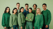 © Flux Imagery - Diverse group of young adults in various shades of green clothing on a light green background, symbolizing fashion, unity, and sustainability.
