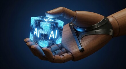 wooden hand holding a glowing blue cube with ai text, symbolizing artificial intelligence, data, and