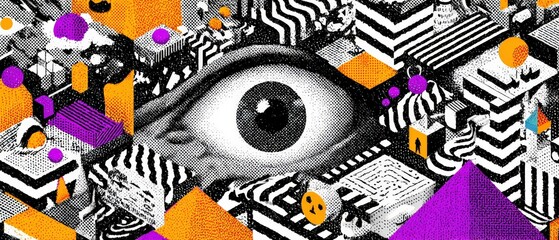 Sticker - surreal eye amidst geometric shapes and halftone patterns in a vibrant, abstract composition concept
