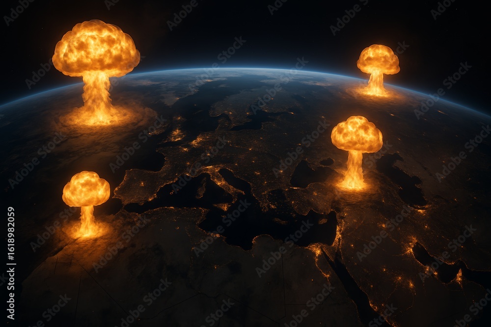 World Exploding Images Nuclear mushroom clouds erupting over Earth, illustrating the ...