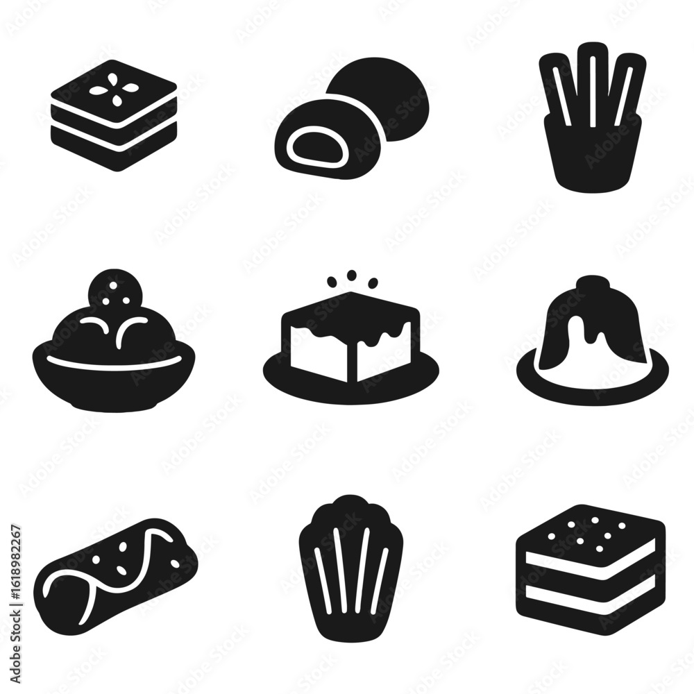 Traditional Sweets Icons. Solid, filled icon set of traditional sweets ...