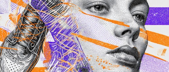 Sticker - artistic stippling portrait of a young adult with a shoe, featuring orange and purple accents in a m