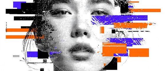 Sticker - abstract asian woman portrait with glitch art effect in orange and blue conceptual digital art of ha