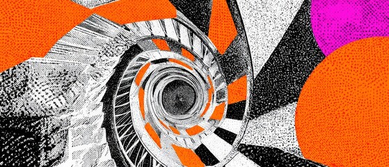 Sticker - abstract spiral staircase with orange and pink geometric shapes in a bold, modern, and eyecatching d