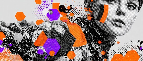 Wall Mural - abstract halftone portrait of a young woman with geometric shapes in orange and purple, creating a m